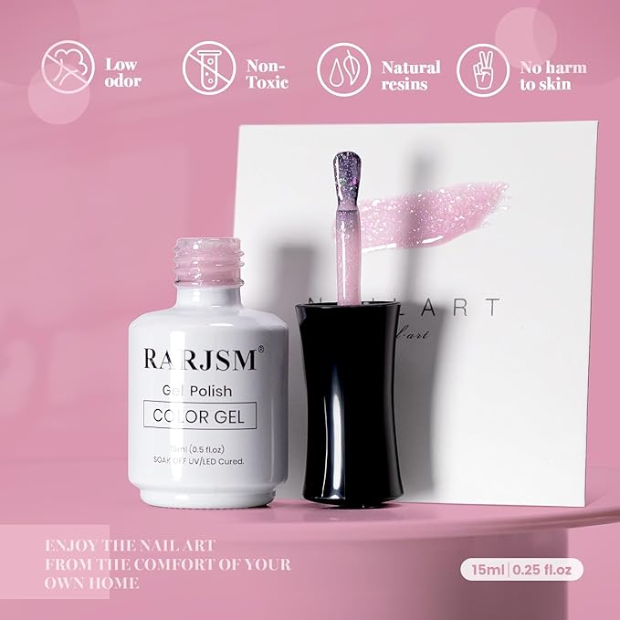 RARJSM Nude Rose Pink Glitter Gel Nail Polish Green Big Rainbow Iridescent Flakes Finish Shimmer Gelpolish 15ml Soak Off Nuded Skin Tone Color Home Salon French Manicure Varnish Curing Requires