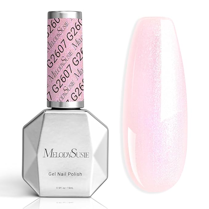 MelodySusie Shimmer Pearl Pink Gel Nail Polish, 0.5fl oz Soak Off UV LED Jelly Holographic Pink Glitter Gel Polish Gift for Women Nail Art Manicure Salon DIY Nail Design Decoration at Home-G2607