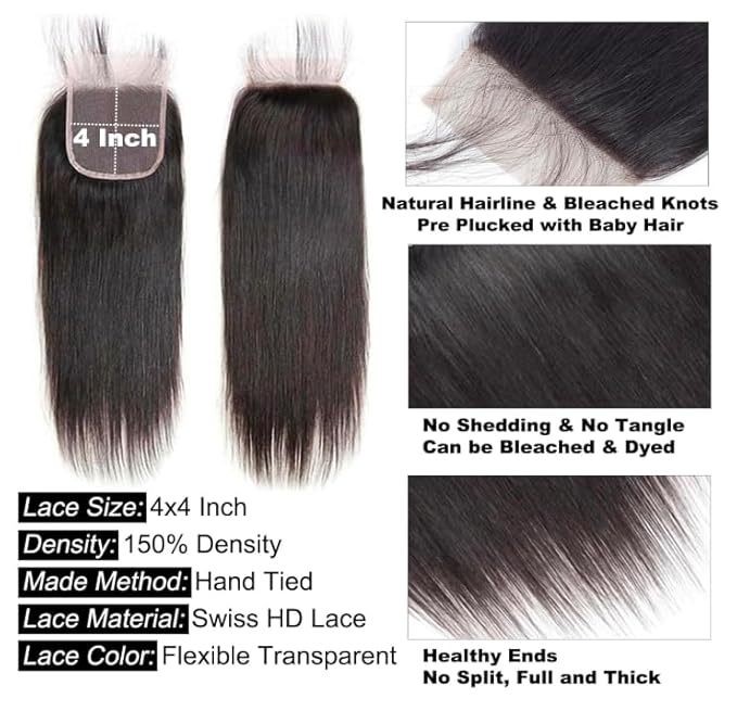 4X4 Lace Closure 1 Piece 10 Inch - 12A Unprocessed Brazilian Virgin Human Hair, Natural Scalp Look, Breathable Lace, Heat-Friendly (Natural Black)