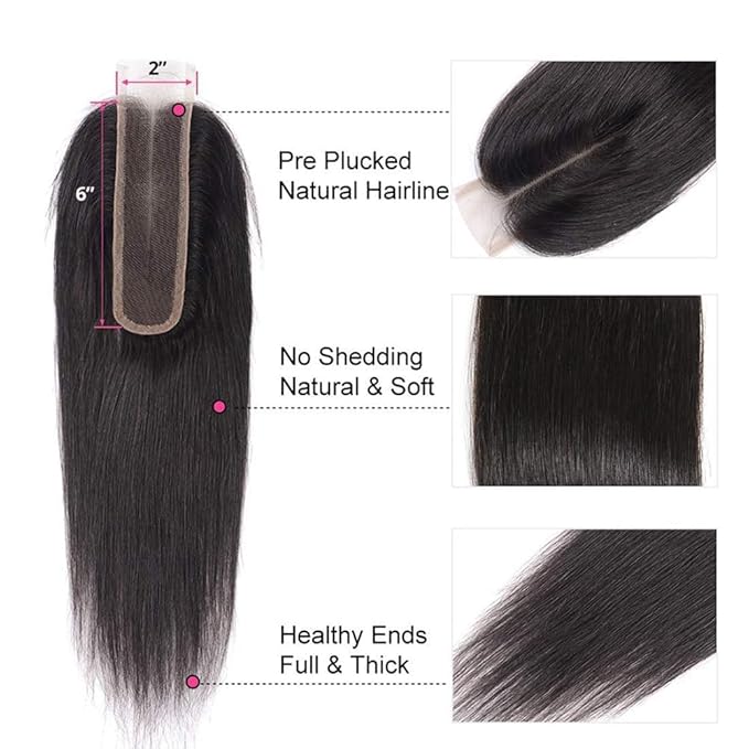 Lace Closure 2x6 HD Straight Lace Closure Human Hair 14 Inch Brazilian Virgin Hair Free Part 100% Human Hair Extensions for Black Women Pre Plucked Natural Color