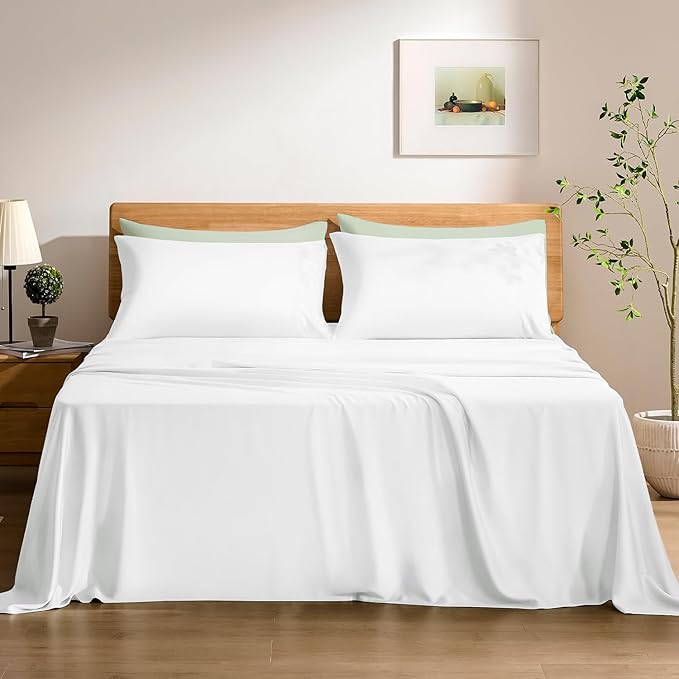 TOSMO Luxury Cooling Sheet Set - 100% Viscose from Bamboo, 4-Piece Bedding Set (Full Size) - 18” Extra Deep Pockets, Oeko-Tex Certified, Silky Soft and Breathable, Classic White