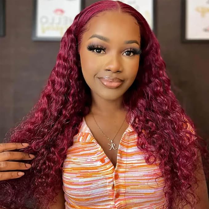99J Burgundy Deep Wave Lace Front Wigs Human Hair Pre Plucked 13x4 HD Lace Front Wigs for Black Women 24 Inch Red Colored Deep Curly Wet and Wavy Glueless Human Hair Wig