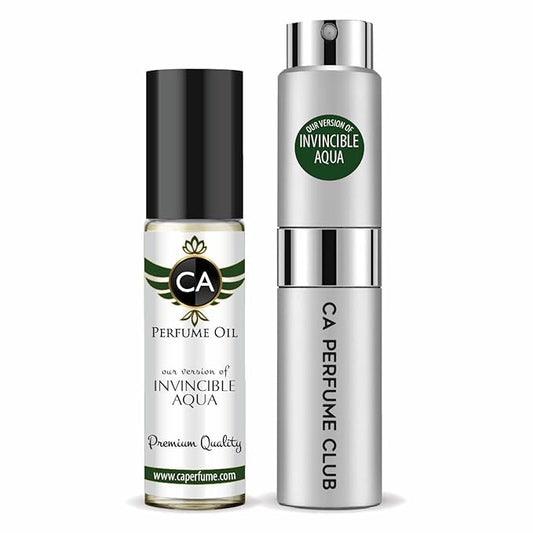 CA Perfume Duo Impression of Invincible Aqua For Men Perfume Layering Set Mens Cologne Long Lasting Travel Size EDP + Body Oil Roll-On Bottle 0.27 Fl Oz+0.33 Fl Oz