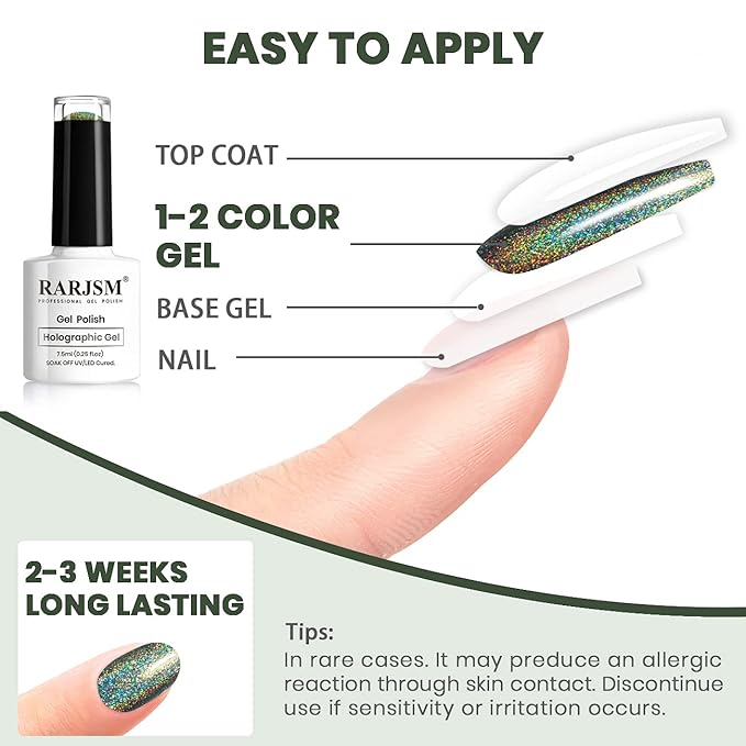 RARJSM Holographic Nail Polish Army Green Gel Nail Polish 7.5ML Gorgeous Glossy Hologram NailGel Curing Required Gel Polish Nail Art Manicure Salon DIY at Home