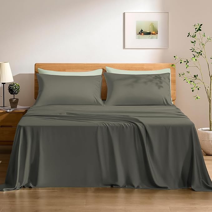TOSMO Luxury Cooling Sheet Set - 100% Viscose from Bamboo, 4-Piece Bedding Set (Cal King Size) - 18” Extra Deep Pockets, Oeko-Tex Certified, Silky Soft and Breathable, Charcoal