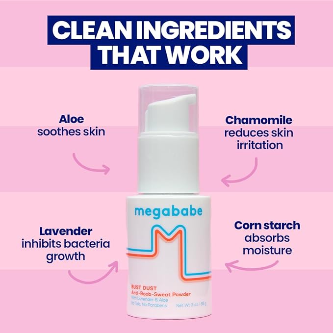 Megababe Sweat Absorbing Body Powder - Bust Dust, with Applicator Pump, Talc-Free, All Natural, 3 oz