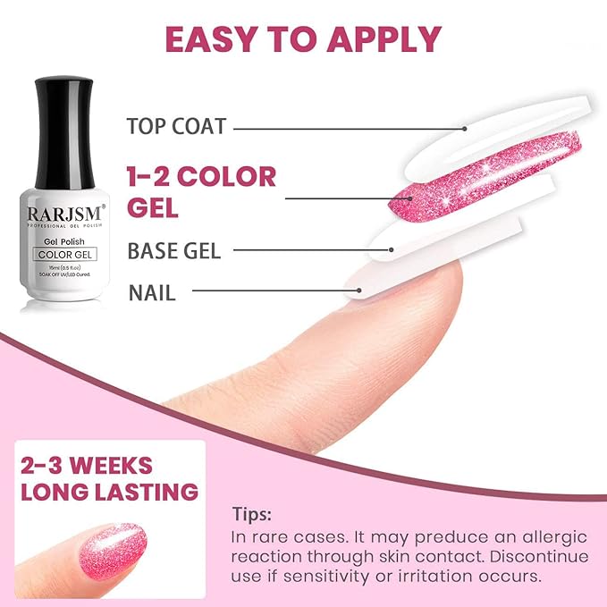 RARJSM Reflective Gel Nail Polish Hot Pink Glitter Gel Polish Neon Flash Diamond Sparkle Gelpolish Soak off UV Curing Requires 15ml Single Bottle for Salon Home Diy Nail Manicure