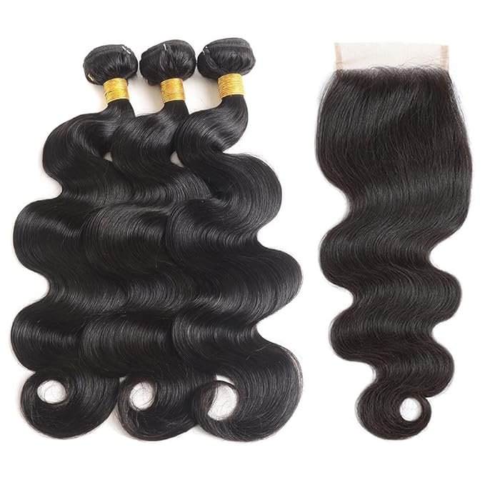 Brazilian Human Hair Body Wave 3 Bundles with Closure Body Wave 100% Unprocessed Virgin Hair Bundles with 4x4 Lace Closure Free Part Natural Color Body Wave (16 18 20 +14, Natural Color)