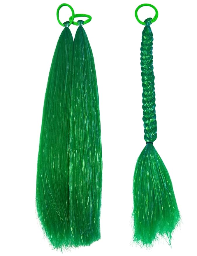 Colored Hair Extensions Green Ponytail Extension 2 Packs, 20 inch Crazy Hair Day Accessories for Women, DIY Festival Wacky Rave Braids,Tinsel Mixed