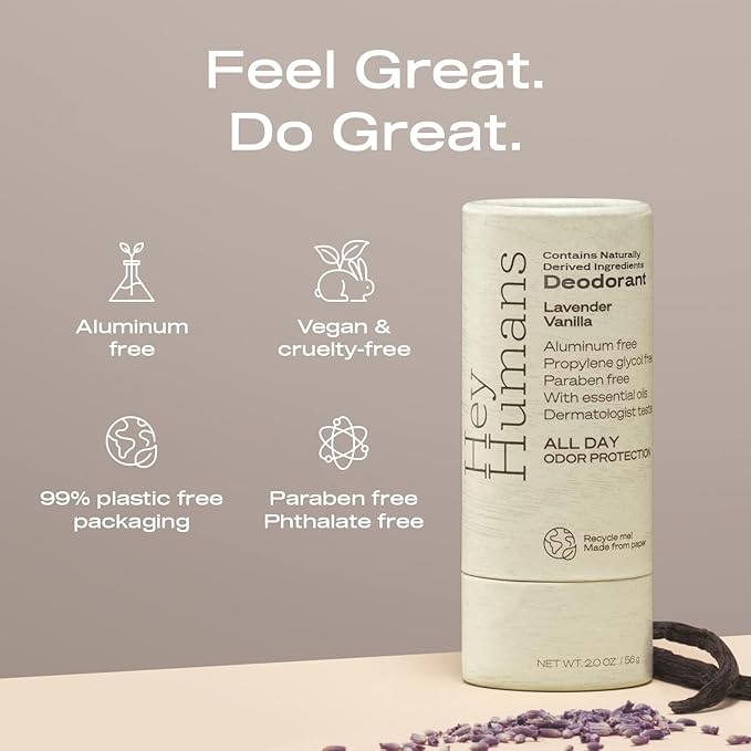 Hey Humans Deodorant, Aluminum Free Deodorant for Women and Men, Contains Naturally Derived Ingredients, All Day Odor Control, Refreshing Deodorant Essential Oils, Pack of 3, Lavender Vanilla