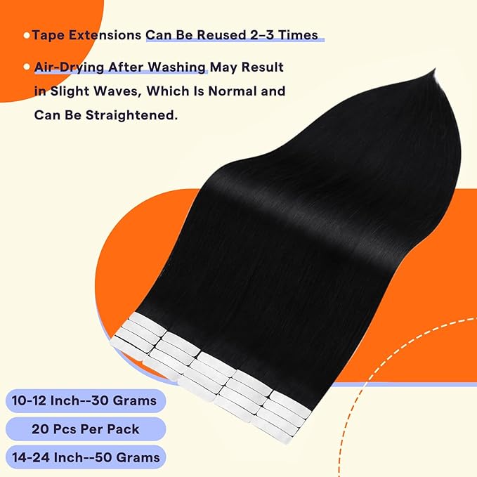Full Shine Tape Ins Human Hair Extensions 50 Grams Invisible Tape in Hair Extensions Human Hair 24 Inch Color 1B Natural Black Seamless Remy Extensions for Women with Thin Hair 20 PCS