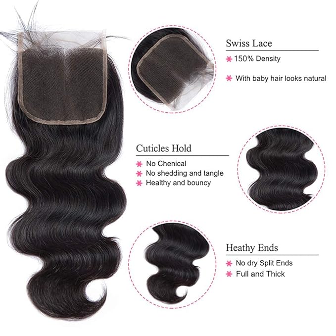Body Wave 3 Bundles with Closure 100% Unprocessed Brazilian Body Wave Human Hair Weave with 4x4 Free Part Lace Closure Natural Color (24 26 28+22, Bundles with Closure)