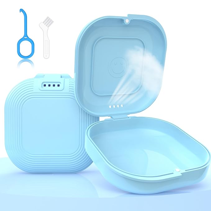 HEMILAB® Retainer Case, Slim Aligner Case with Vent Holes, Compatible with Invisalign, Mouth Guard Case, Cute Retainer Case with Retainer Removal Tool and Brush, Blue