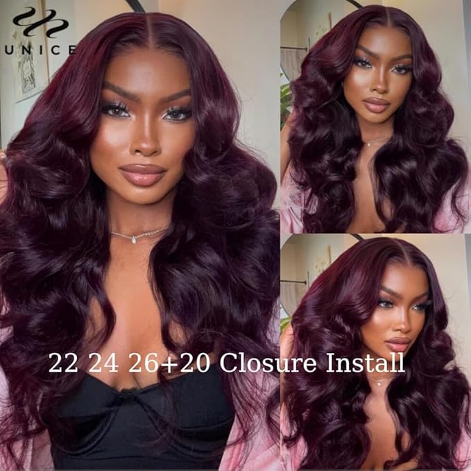 UNICE 12A Body Wave Human Hair 4 Bundles 24 Inch Brazilian 100% Unprocessed Virgin Human Hair Weave Extensions Cherry Black Soft No Shedding No Tangle