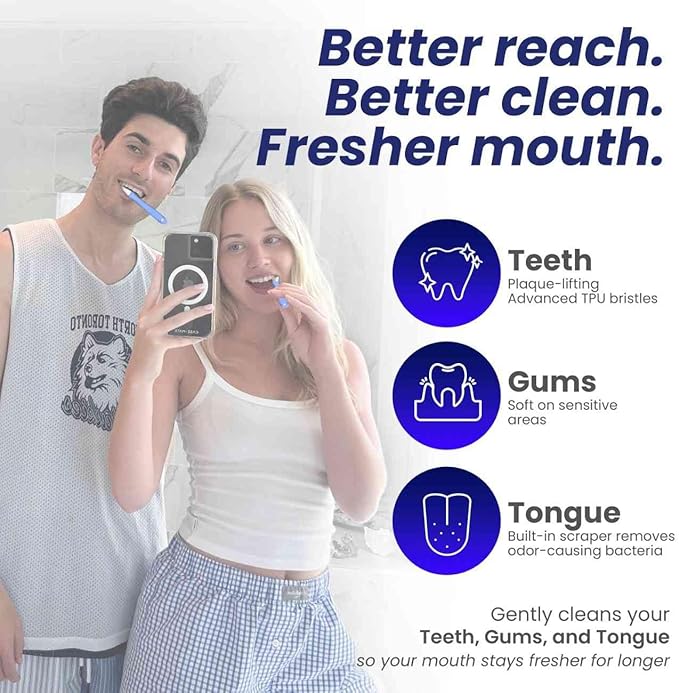 Premium Toothbrush with TPU Bristles - Soft Bristle Toothbrush for Sensitive Gums with Tongue Scraper, Travel Covers for Brush Heads & 2 Replacement Heads (3 Brush Heads Total)
