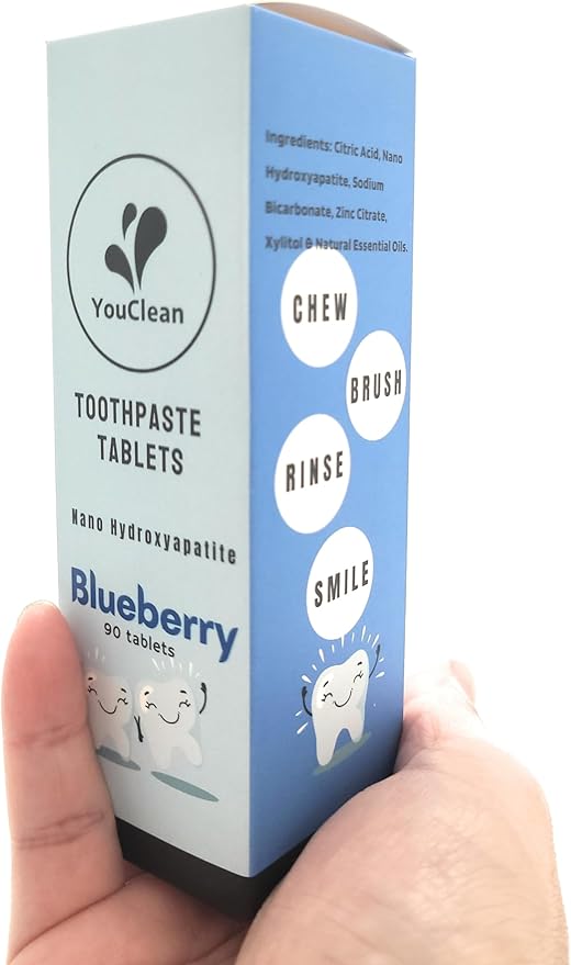 90 Toothpaste Tablets in Refill/Recycle Glass Tube - for Travel and Daily Home Office Use - Nano Hydroxyapatite, Fluoride-Free, Vegan (Blueberry90)