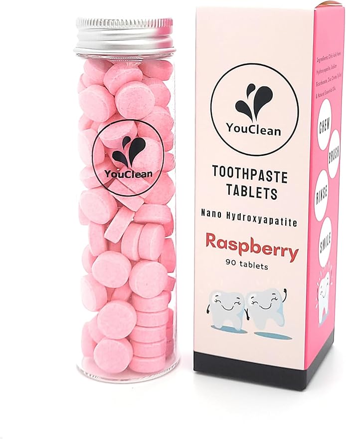 90 Toothpaste Tablets in Refill/Recycle Glass Tube - for Travel and Daily Home Office Use - Nano Hydroxyapatite, Fluoride-Free, Vegan (Raspberry90)