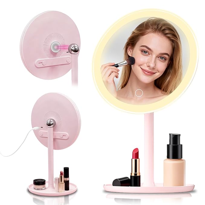 Makeup Mirror with Lights, 8" Magnetic Pink Vanity Mirror with Lights for Desk, Brightness Adjustable Lighted Makeup Mirror for Kids/Girls/Teens/Women with 3 Colors Lighting and 360° Rotation
