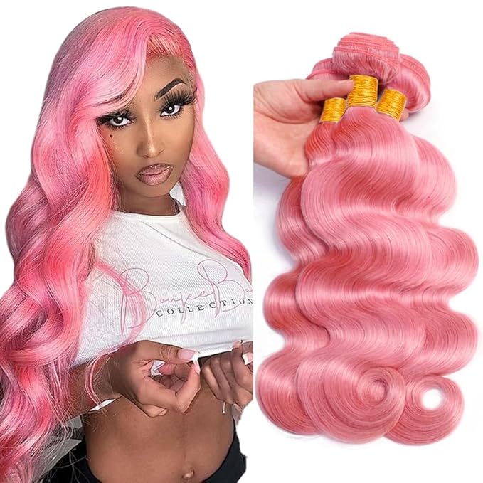 Pink Human Hair Bundles Light Pink Body Wave Bundles Peruvian Grade 8A Virgin Remy Hair Extensions 24 26 28 Inch Double Weft Hair Weave