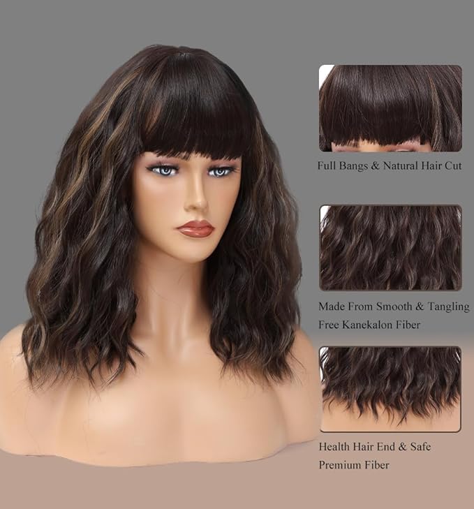 WAVE&BREEZE Short Brown Wavy Wigs with Bangs 14Inch Blonde Highlight Curly Bob Wig for Women Shoulder Length Natural Looking Hair Replacement Wig for Daily Party Use Cosplay Costume Halloween Wig