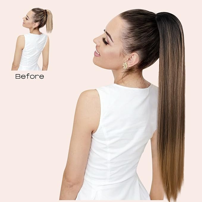 SEIKEA 28" Drawstring Ponytail Extension for Black Women Long Straight Fake Hair Natural Soft Clip in Hair Extensions Synthetic Heat Resistant Hairpiece Natural Black/Light Brown/Honey Blonde