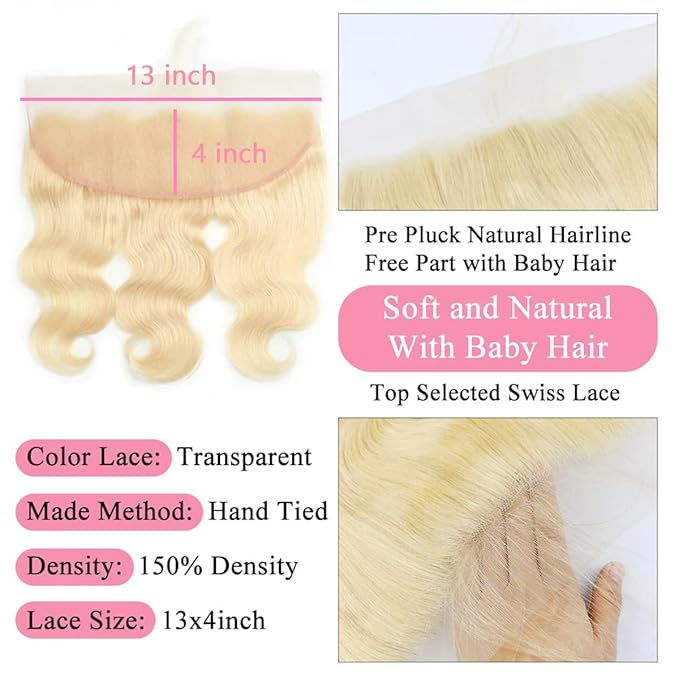613 Frontal Human Hair BodyWave Blonde Frontal 13x4 Transparent HD Lace with Baby Hair Brazilian Remy Hair Pre Plucked 613 Closure Ear To Ear for Women 18 Inch