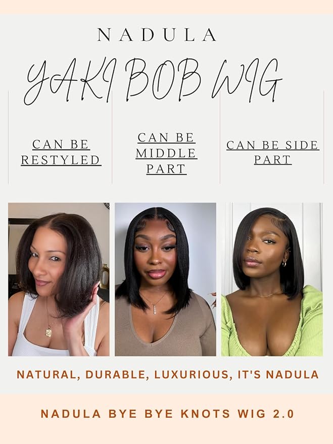 Nadula Bye Bye Knots Yaki Straight Bob Glueless Wig Pre Cut/Plucked/Bleached 7x5 Lace Front Wigs Human Hair Invisible Knots Pre Everything 3S Ready to Go Short Yaki Bob Wigs 150% Density 14inch