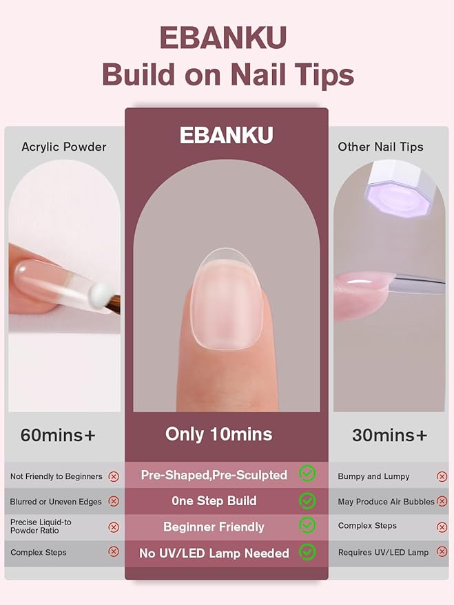 EBANKU Build on Apex Natural Nail Tips, 16 Sizes 160 PCS Extra Short Almond Clear Acrylic Full Cover Press on Nail Tips with Builder Glue, Pre-applied Tip Primer & Base Coat