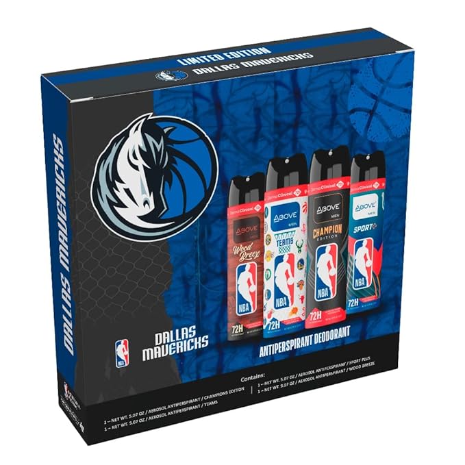 Above NBA – Dallas Mavericks Deodorant Gift Set – A Giftable Set for Mavericks Fans – Antiperspirant Spray, 4 Signature Scents, 72h Protection, Dry Spray, No Stains – 5.07 oz, Pack of 4