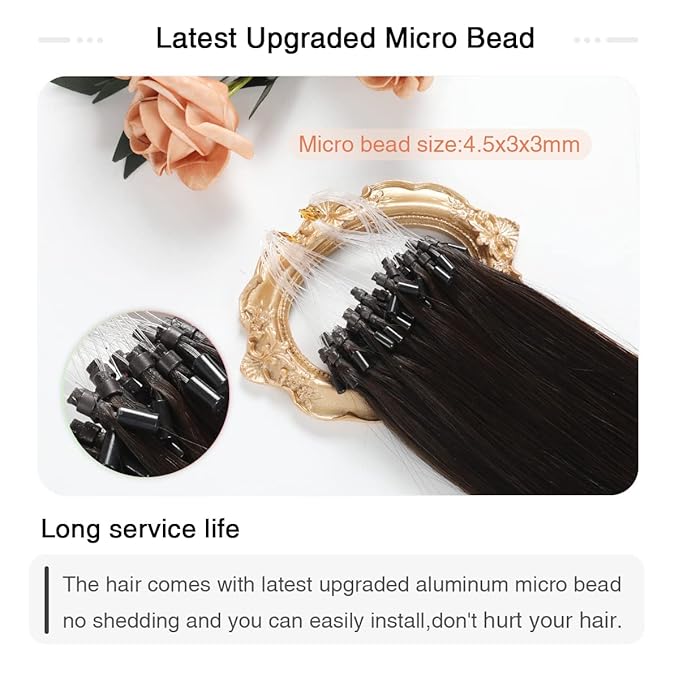 SUYYA Micro Loop Human Hair Extensions Darkest Brown Microlink Hair Extensions Human Hair Straight Micro Links Hair Extensions 50 Strands 40g/Pack for Women(14 inch #2 Darkest Brown)