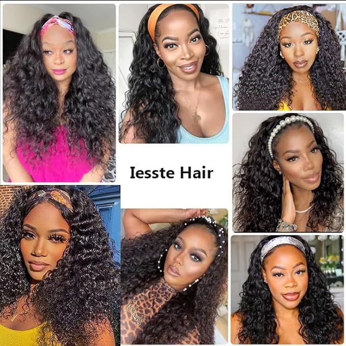 Headband Wig Deep Wave Human Hair 14Inch Machine Made Curly Headband Wigs Glueless None Lace Front Wigs for Black Women Deep Curly Half Wig 180% Density