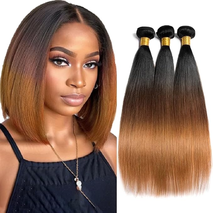 Omber Brown Bundles Human Hair #4 Straight Bundles 14 16 18 inch 3 Tone Black Roots to Brown Bundle