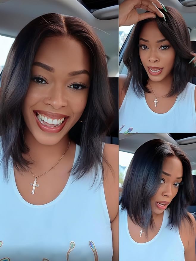 Julia Hair 10 Inch Yaki Straight Drawstring Wigs Human Hair Put On and Go Glueless Bob Wig 7x5 Bye Bye Knots Pre Plucked Pre-Cut Lace Closure Wig Beginner Friendly Black Short Yaki Bob Bleached Knots