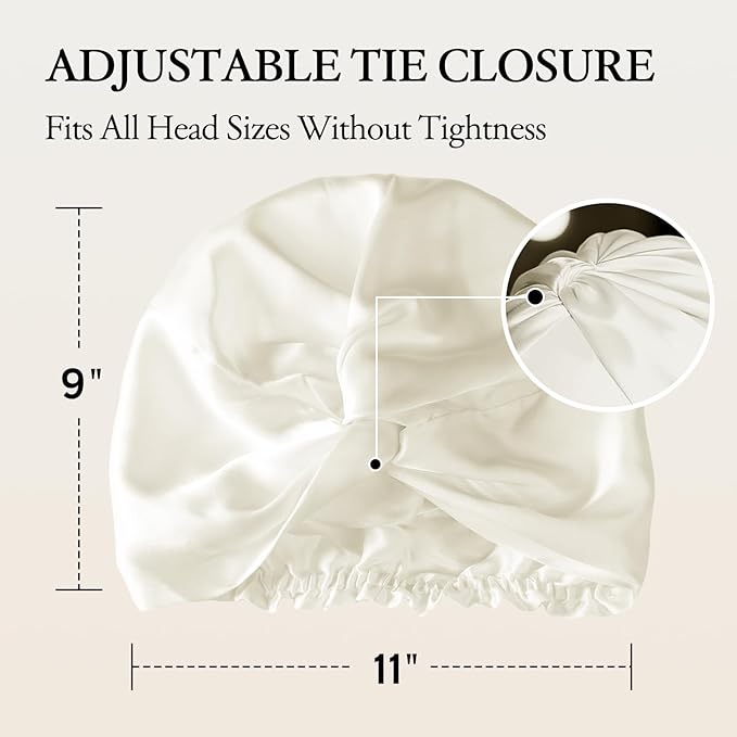 100% Mulberry Silk Bonnet for Sleeping, Adjustable Tie Closure for Women, Breathable Hair Wrap for Hair Protection