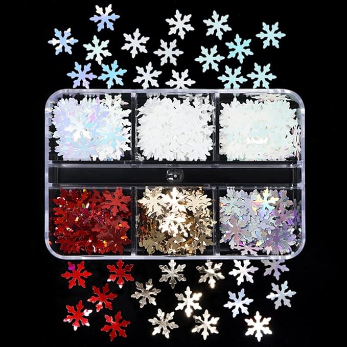 Snowflakes Nail Glitter Sequins 3D Holographic Christmas Nail Flakes Laser Gold Red Snowflakes Nail Sticker Decals for Women DIY Acrylic Nails Decorations Craft 6 Grids