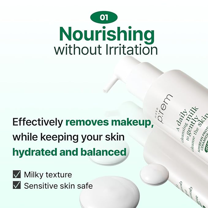 MAKE P:REM Safe Me. Relief Moisture Cleansing Milk, Hydrating Gentle Milk Cleanser for Sensitive Skin with Soy Protein, Korean Face Wash, 6.76 fl.oz. (200ml)