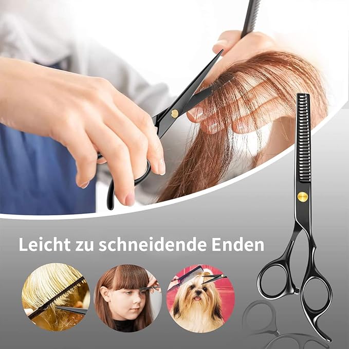 Hair Scissors Set - 11 Pcs Black Stainless Steel Haircut Set with Thinning Scissors, Neck Duster Brush, Comb, Barber Cape, Hair Clips with Pu Box