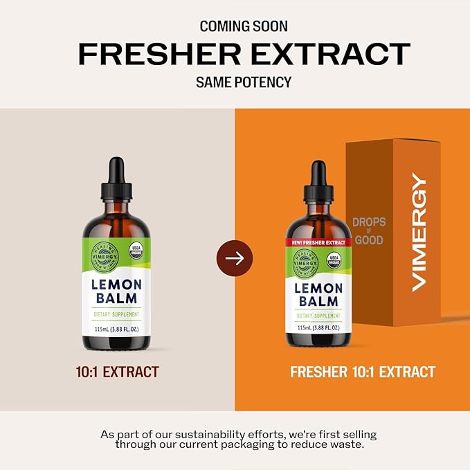 Vimergy Organic Lemon Balm Tincture Herbal Supplement – 175 mg of 10:1 Lemon Balm Extract per Serving, can be Used in Tea - USDA Certified Organic, Non-GMO, Alcohol-Free –115 mL (1 mL/Serving)