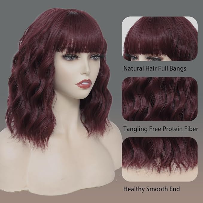 WAVE&BREEZE Dark Red Wig with Bangs Short Curly Bob Wigs for Women 14 Inch Shoulder Length Natural Looking Hair Replacement Wigs for Cosplay Party Use