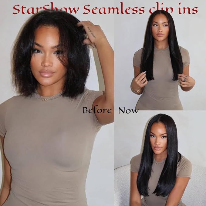 Yaki Straight Seamless Clip in Hair Extensions Remy Human Hair Extensions 2Pack 200g 14pcs Yaki Straight Clip Ins Hair Extensions Clip In Human Hair 16Inch Natural Black