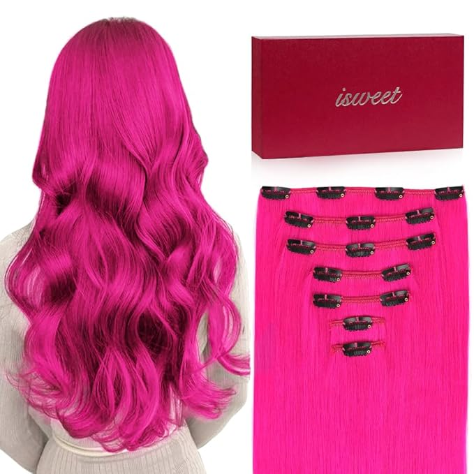 7Pcs Clip in Hair Extensions Real Human Hair, 16 Inch 100g Hot Pink Soft Real Human Hair Extensions Clip ins, Double Weft Hair Extensions Real Human Hair for Women