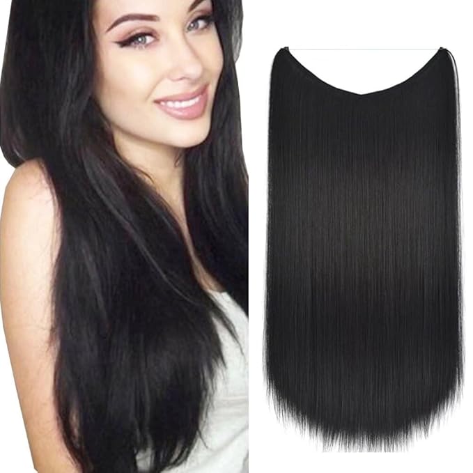 iLUU Straight Hairpiece 22-Inches Heat Resistant Synthetic Fiber Hair Extensions 80 Grams #1BJ Natural Black Color Secret Fish Line Hair Invisible String Hair Extension Wig for Women Girl