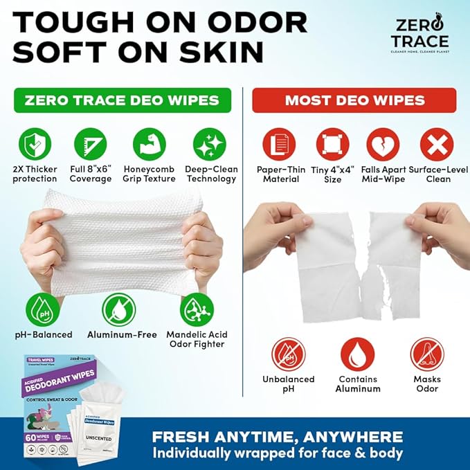 Zero Trace Travel Deodorant Wipes - 60 Count- 24 Hour Odor Control - Aluminum Free Hypoallergenic Deodorant For Women and Men - Individually Wrapped Underarm & Body Wipes - Uscented Bare Fresh