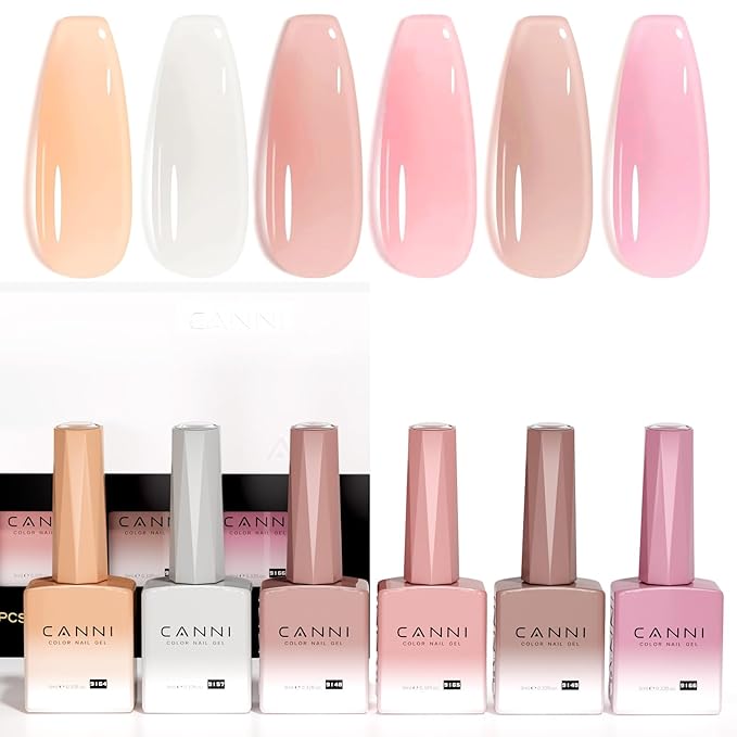 CANNI Jelly Milky White Pink Gel Nail Polish Set- 6 Pcs 9 Ml Neutral Transparent Pink Colors Sheer Gel Polish Kit, Soak Off LED Nail Gel Manicure Kit DIY at Home Salon Gifts