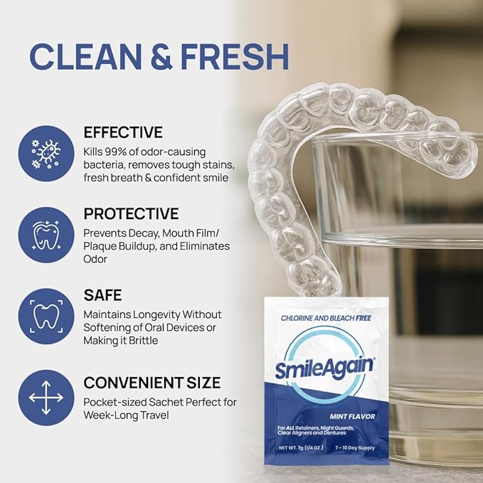 SmileAgain Retainer Cleaner - 90-120 Cleanings 12 Pack/3 Month Supply - for Clear Aligners, Dentures, Mouth Guards & Night Guards - Our Oral Appliance Cleaner & Denture Care Powder - Mint Flavored