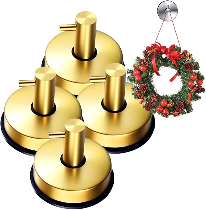 Suction Cup Hooks for Shower, 2025 New No Drill Suction Cup Hooks for Wreaths on Glass, Gold Silver Black Garland Hanger for Door Frame Wreaths Bathroom Window Mirrors (4, Gold)