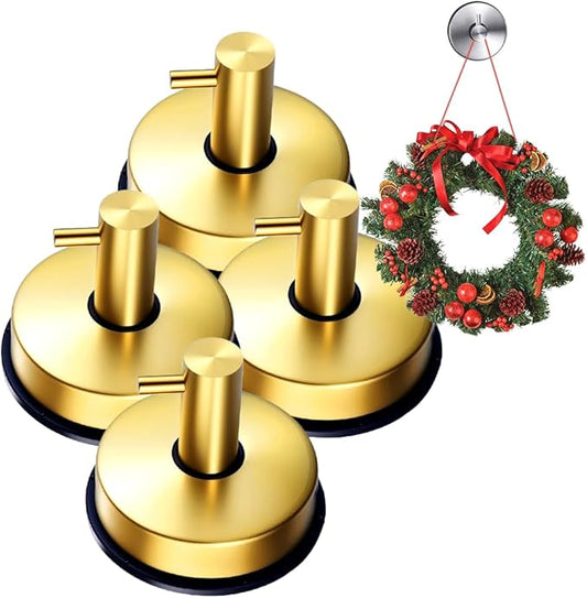 Suction Cup Hooks for Shower, 2025 New No Drill Suction Cup Hooks for Wreaths on Glass, Gold Silver Black Garland Hanger for Door Frame Wreaths Bathroom Window Mirrors (4, Gold)