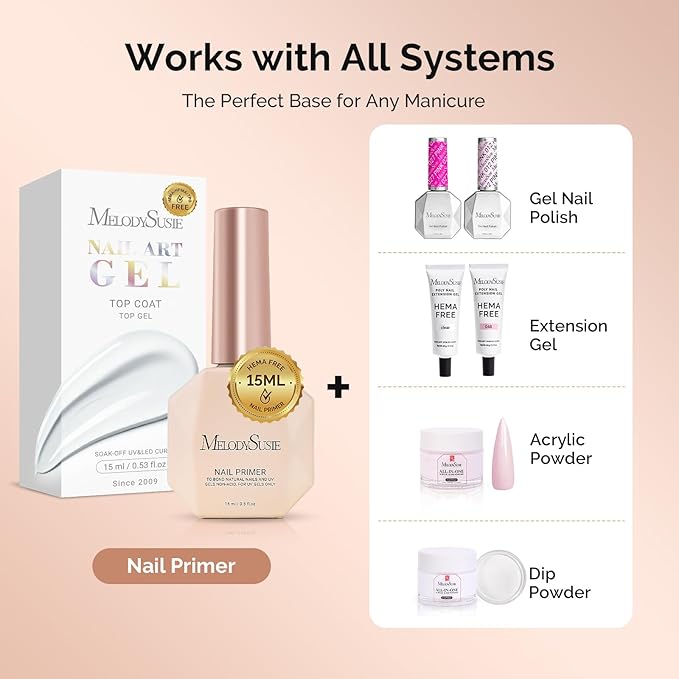 MelodySusie 15ml Nail Primer Acid-Free HEMA Free No Lift Bond for Gel Polish,Acrylic,Dip Nails,Ultra Strong Adhesion,Fast Dry Formula,Professional Nail Prep for Salon & Home Use