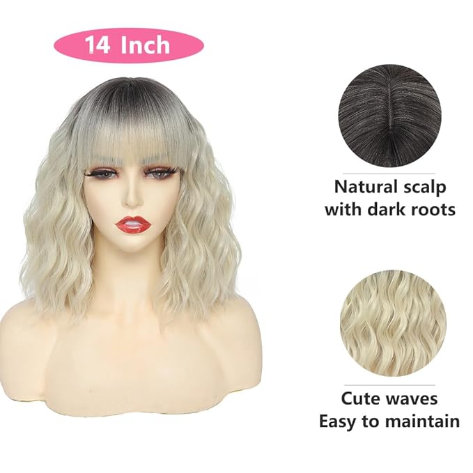 WAVE&BREEZE Blonde Wig with Bangs Short Wavy Bob Wigs for Women Natural Looking Ombre Blonde Hair Replacement Wigs Shoulder Length Daily Party Cosplay Costume Halloween Hair