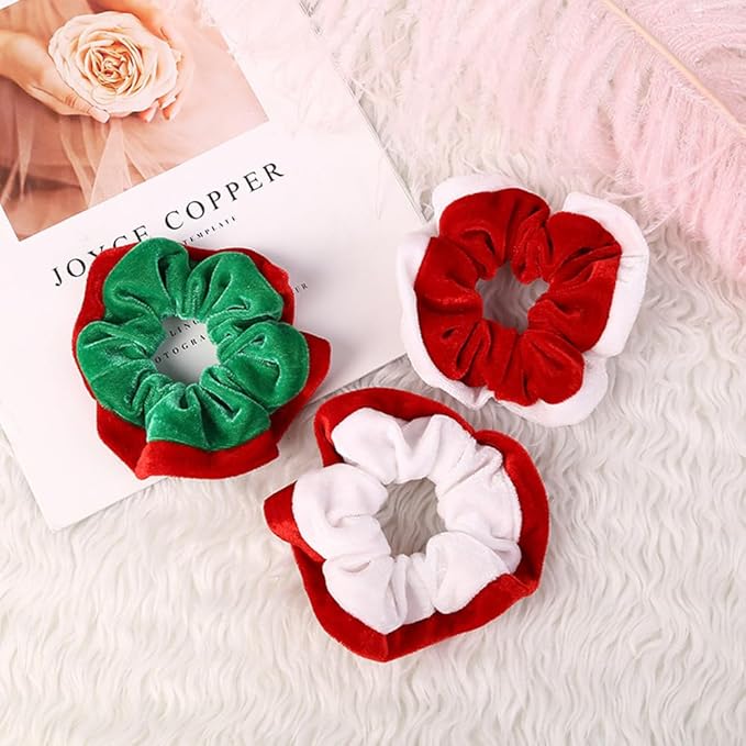 3PCS Christmas Hair Scrunchies Velvet Christmas Hair Ties Red Green White Elastic Hair Bands Hair Accessories Christmas Ponytail Holders for Girls Kids Women Birthday Xmas Gifts